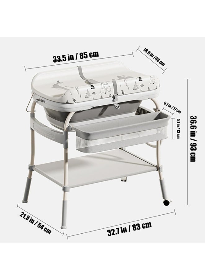 WALALLA 2-in-1 Baby Bathtub & Changing Table, Adjustable Height Folding Diaper Station Waterproof Pad with Storage Rack & Wheels, Baby Bath Tub with Thermometer - Image 4
